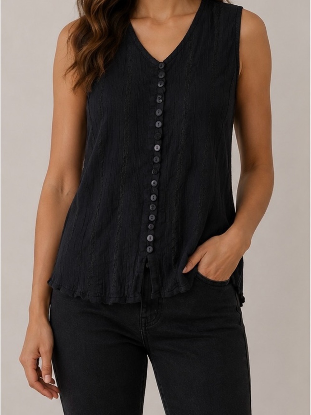 Papa Vancouver Black Textured Button Front Sleeveless Blouse Top XL Fits Smaller